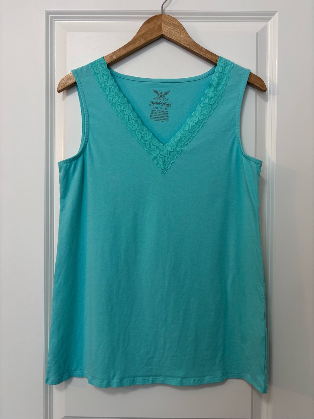 Faded Glory Teal Lace Trim V-Neck Tank Top, Size L